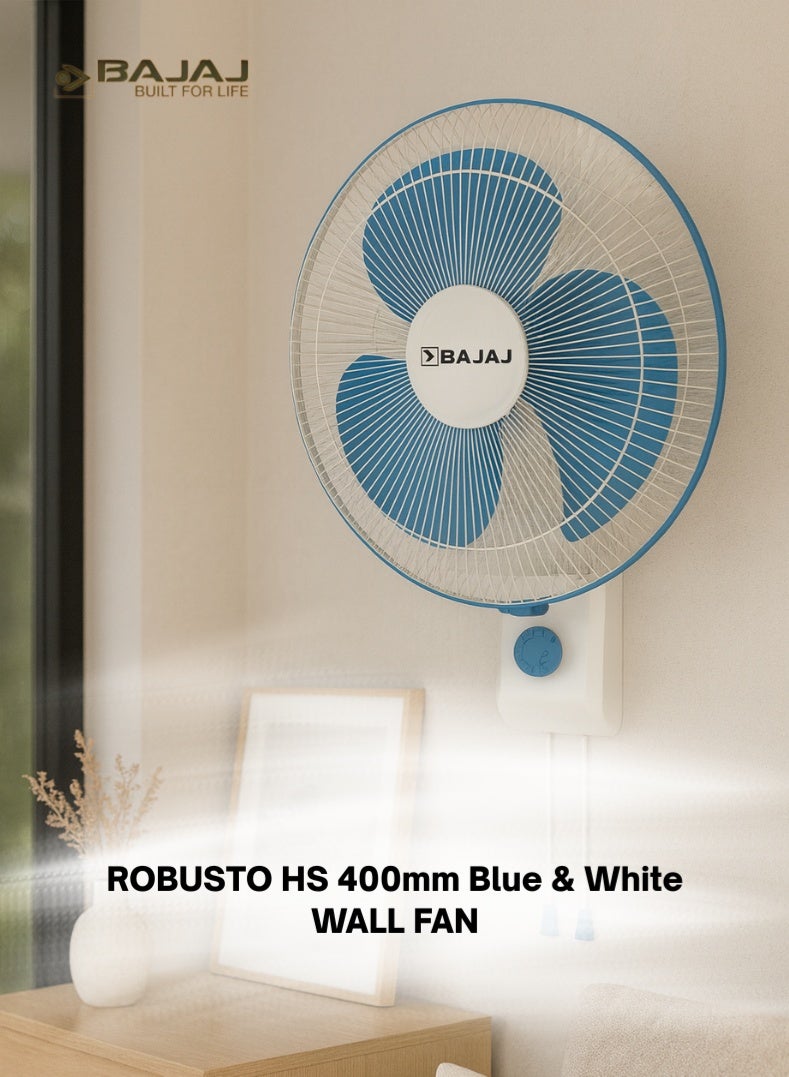 بجاج مروحة حائط روبوستو HS 400 مم | مروحة حائط عالية السرعة 16 بوصة مع توصيل هواء توربو، 3 إعدادات سرعة، دوران وتشطيب أنيق باللونين الأزرق والأبيض - Image 1