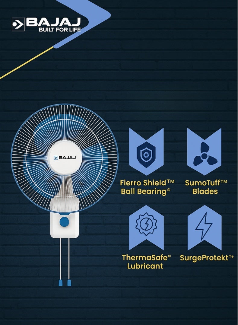 بجاج مروحة حائط روبوستو HS 400 مم | مروحة حائط عالية السرعة 16 بوصة مع توصيل هواء توربو، 3 إعدادات سرعة، دوران وتشطيب أنيق باللونين الأزرق والأبيض - Image 4