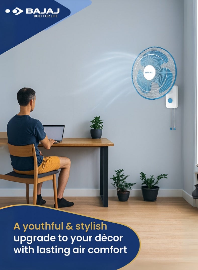 بجاج مروحة حائط روبوستو HS 400 مم | مروحة حائط عالية السرعة 16 بوصة مع توصيل هواء توربو، 3 إعدادات سرعة، دوران وتشطيب أنيق باللونين الأزرق والأبيض - Image 3