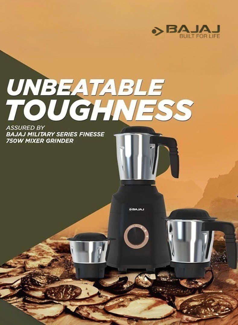 بجاج Military Series Finesse Mixer Grinder, 4 Stainless Steel Jars, Heavy-Duty Blades, Overload Protection – Midnight Finish, 750 W 410592 black - Image 1