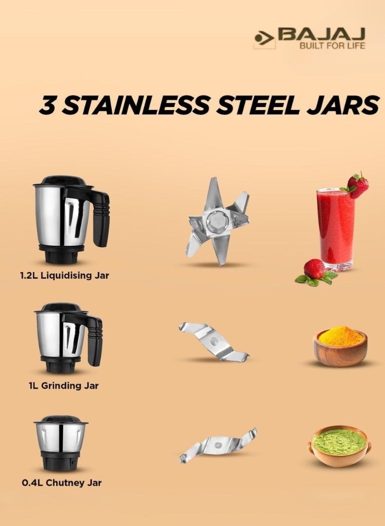 بجاج Military Series Finesse Mixer Grinder, 4 Stainless Steel Jars, Heavy-Duty Blades, Overload Protection – Midnight Finish, 750 W 410592 black - Image 4