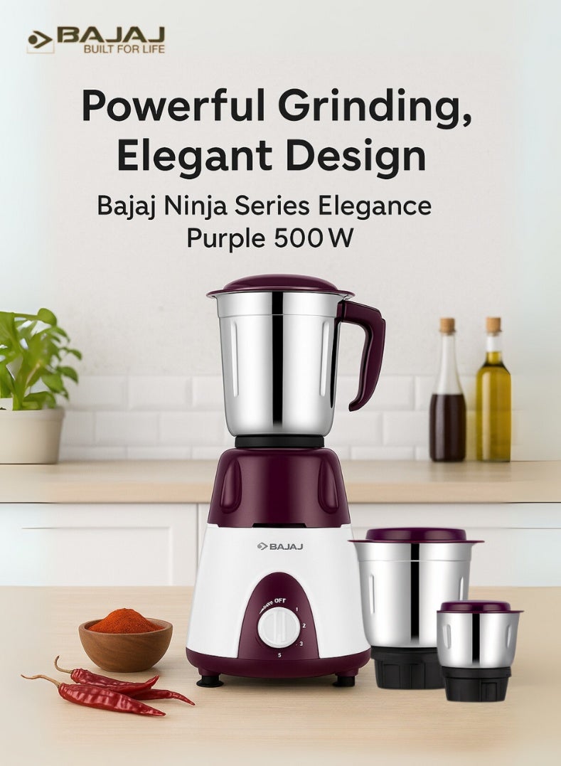 بجاج Ninja Series Elegance Mixer Grinder, 3 Stainless Steel Jars, Multi-Functional Blades, Overload Protection – Finish, 500 W 410568 purple - Image 1