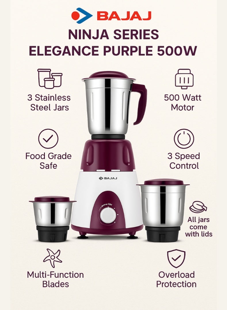 بجاج Ninja Series Elegance Mixer Grinder, 3 Stainless Steel Jars, Multi-Functional Blades, Overload Protection – Finish, 500 W 410568 purple - Image 3