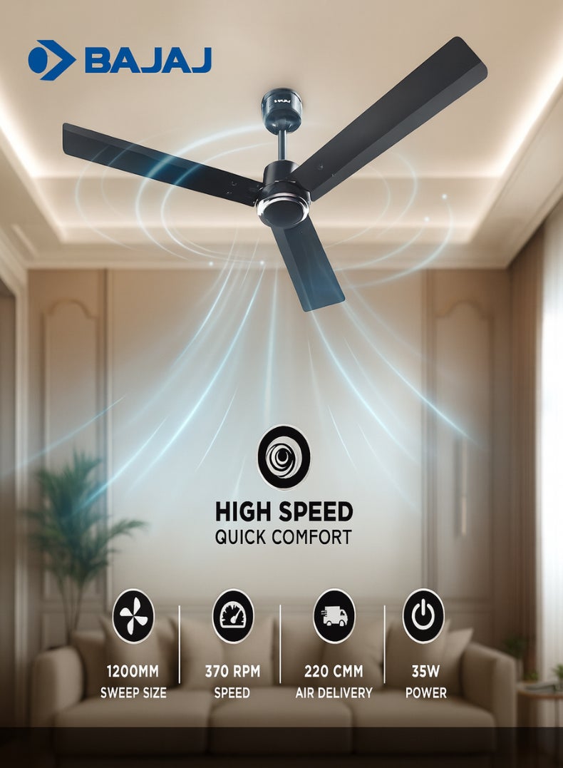 بجاج مروحة سقف كلاسيكو سليك بلس 1200 مم – تقنية BLDC المتقدمة، محرك عالي السرعة 370 دورة في الدقيقة، أداء موفر للطاقة 52 واط، محامل كروية مزدوجة، توصيل هواء قوي – تشطيب رمادي فحمي أنيق - Image 2