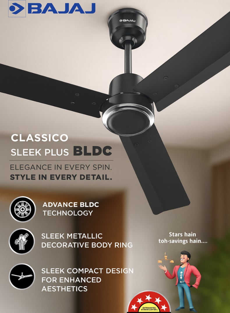 بجاج مروحة سقف كلاسيكو سليك بلس 1200 مم – تقنية BLDC المتقدمة، محرك عالي السرعة 370 دورة في الدقيقة، أداء موفر للطاقة 52 واط، محامل كروية مزدوجة، توصيل هواء قوي – تشطيب رمادي فحمي أنيق - Image 1