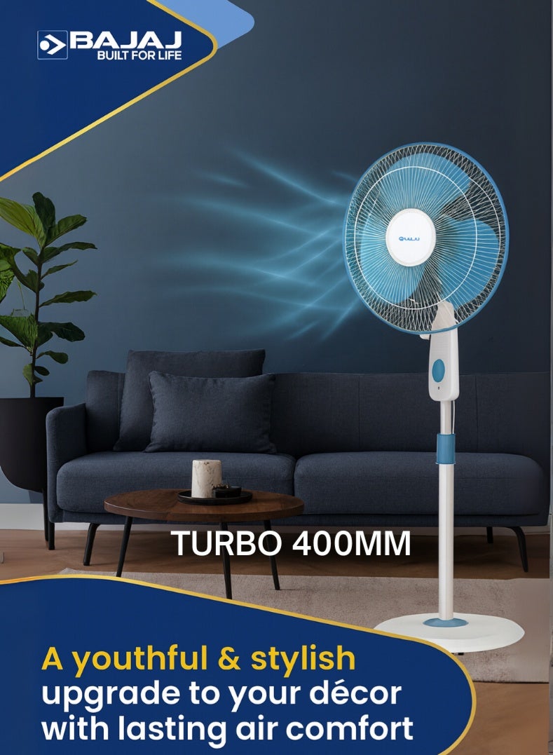 بجاج مروحة طاولة توربو | مروحة قائمة بسرعة عالية 400 مم (16 بوصة) مع تدفق هواء قوي، ارتفاع قابل للتعديل، 3 إعدادات سرعة وتشطيب أنيق باللون الأزرق فيجي - Image 1