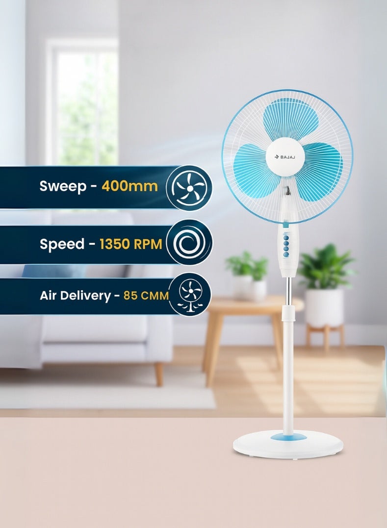 بجاج مروحة طاولة توربو | مروحة قائمة بسرعة عالية 400 مم (16 بوصة) مع تدفق هواء قوي، ارتفاع قابل للتعديل، 3 إعدادات سرعة وتشطيب أنيق باللون الأزرق فيجي - Image 3