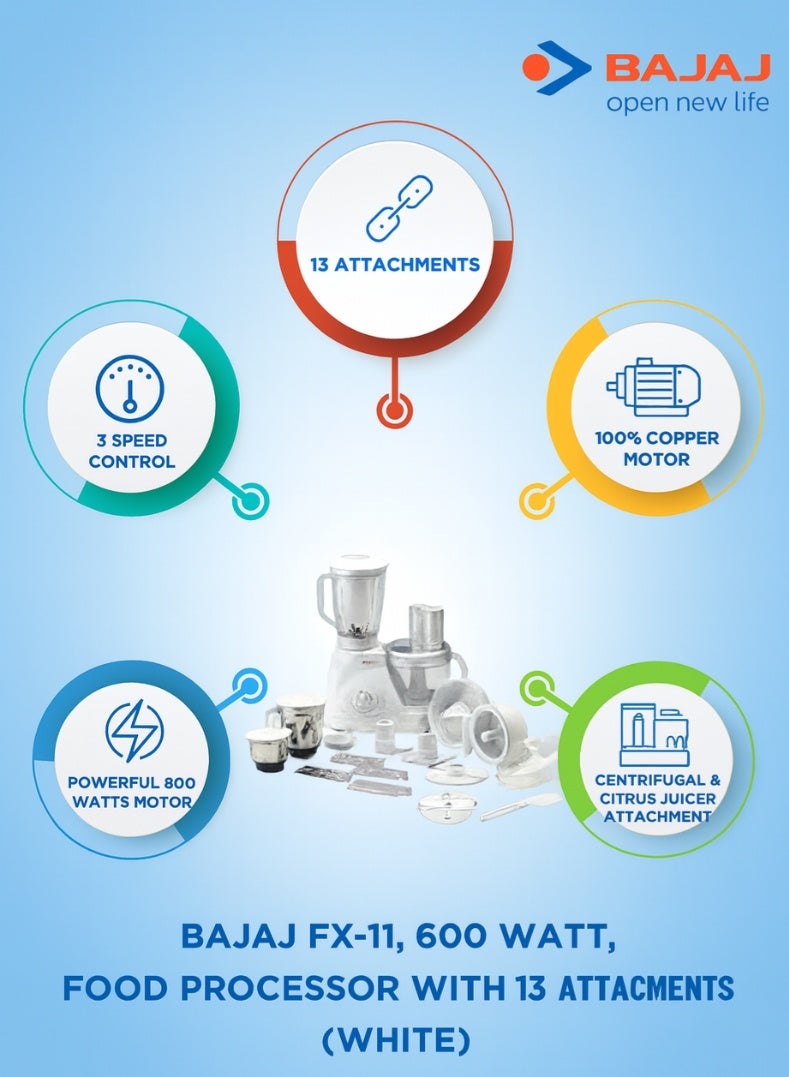 بجاج 13 في 1 معالج الطعام FX11 من باجاج، محرك، عدة أوعية وإضافات، شفرات من الفولاذ المقاوم للصدأ، قفل أمان وحماية من الحمل الزائد - Image 3