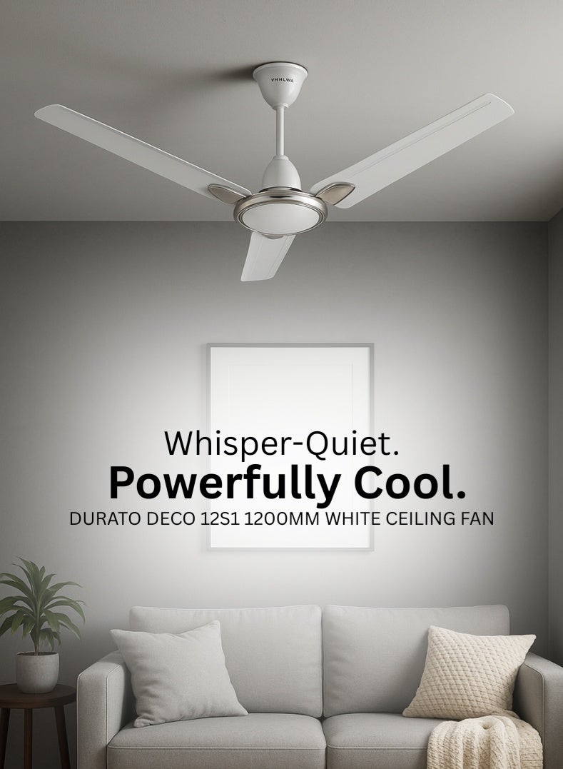 بجاج مروحة سقف دوراتو ديكو 12S1 بسرعة عالية 1200 مم بتشطيب أبيض زخرفي، توصيل هواء قوي، محرك موفر للطاقة وتصميم أنيق - Image 1