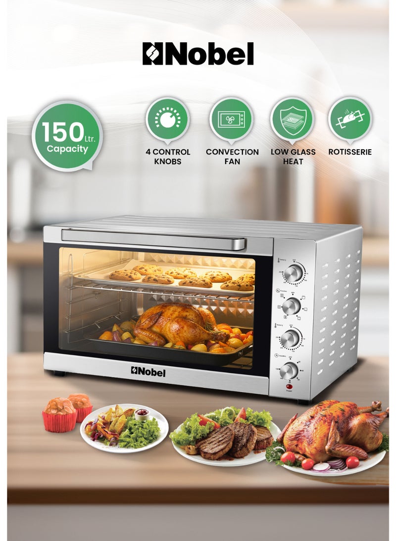 نوبل فرن كهربائي نوبل 150 لتر 2800 واط مع شواية، تقنية الحمل الحراري، ترموستات قابل للتعديل (70-250 درجة مئوية)، مؤقت 120 دقيقة، مصباح، باب زجاجي مفرد، تسخين قوي – NEO185PRO (ضمان سنة واحدة) - Image 1