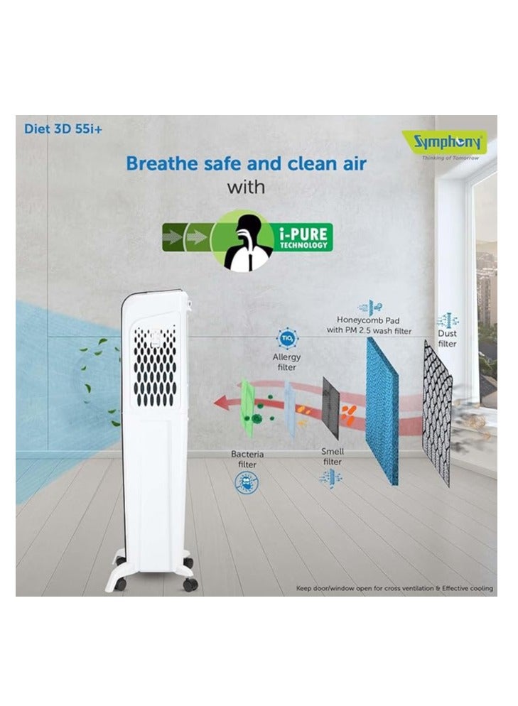 SYMPHONY Portable Tower Air Cooler For Home, Office with 3-Side Honeycomb Pads, Pop-Up Touchscreen, i-Pure Technology and Low Power Consumption, Black – 1-year Warranty Diet 3D 55i White/Black - Image 2