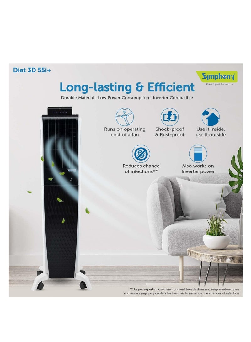 SYMPHONY Portable Tower Air Cooler For Home, Office with 3-Side Honeycomb Pads, Pop-Up Touchscreen, i-Pure Technology and Low Power Consumption, Black – 1-year Warranty Diet 3D 55i White/Black - Image 4