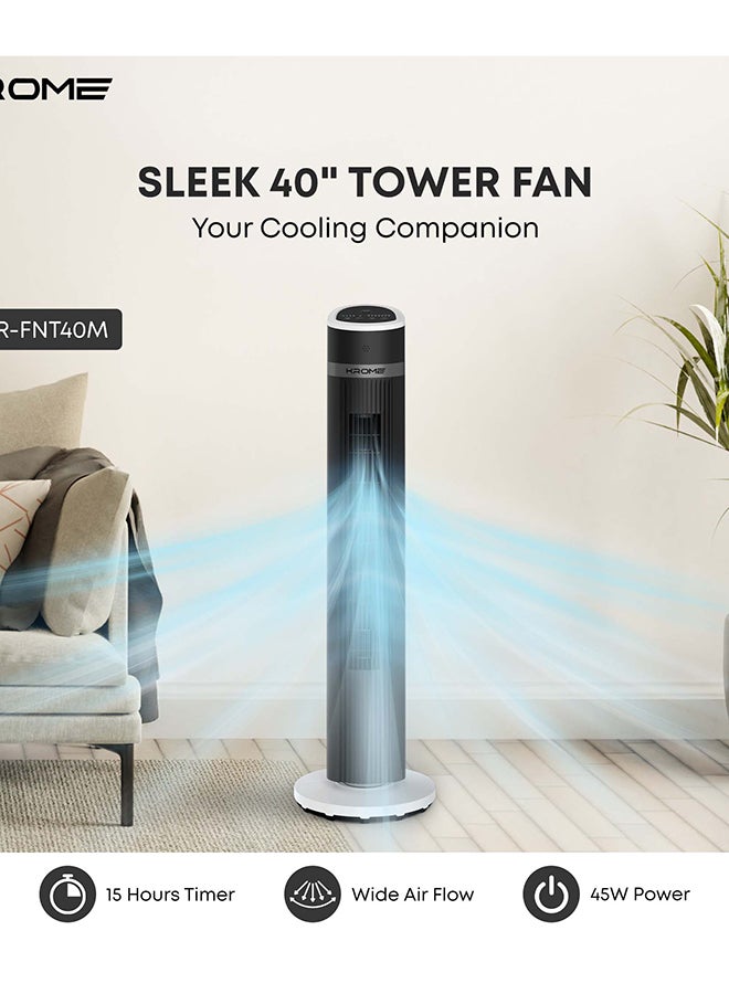 Krome 40-Inch Tower Fan with Remote Control, 3 Wind Modes, 3 Speed Levels & 15-Hour Timer – Silent Operation - KR-FNT40M black - Image 3