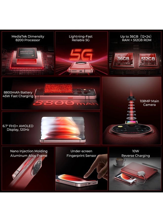 أوكيتل هاتف WP210 5G المتين بشاشة 6.7 بوصة FHD+ وبطارية كبيرة سعة 8800 مللي أمبير وكاميرا 108 ميجابكسل بنظام أندرويد 15 (12 جيجابايت + 512 جيجابايت NFC) - أحمر - Image 2