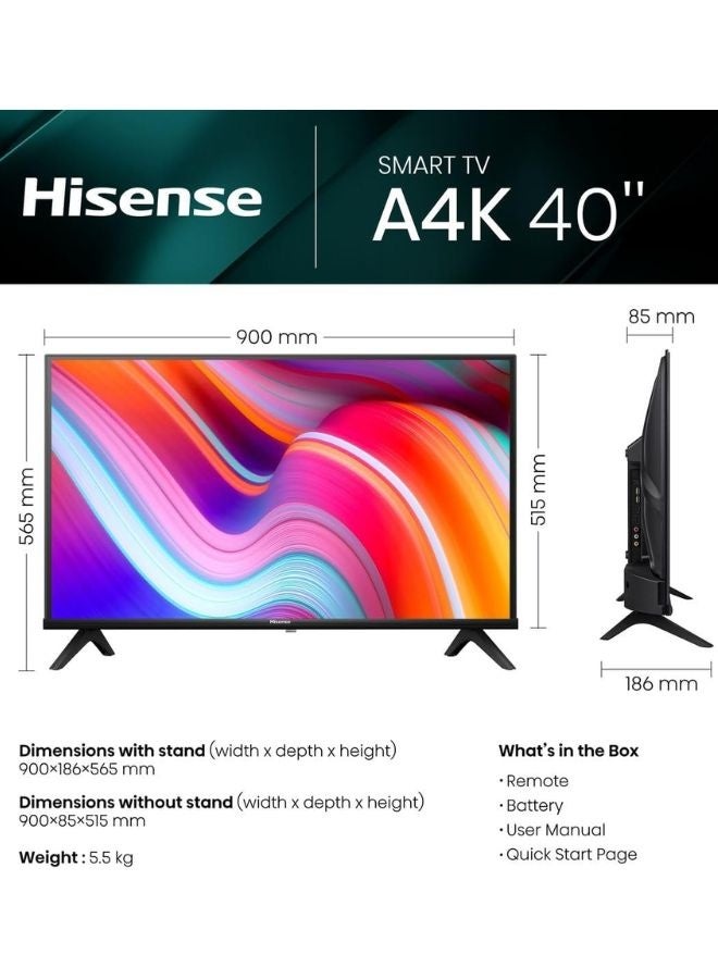 Hisense 40-Inch Full HD Smart LED TV | VIDAA OS, Bezel-less Design, AI Sports Mode, Game Mode, DTS Surround Sound, HDMI & USB Connectivity, YouTube, Shahid 40A4K Black - Image 2