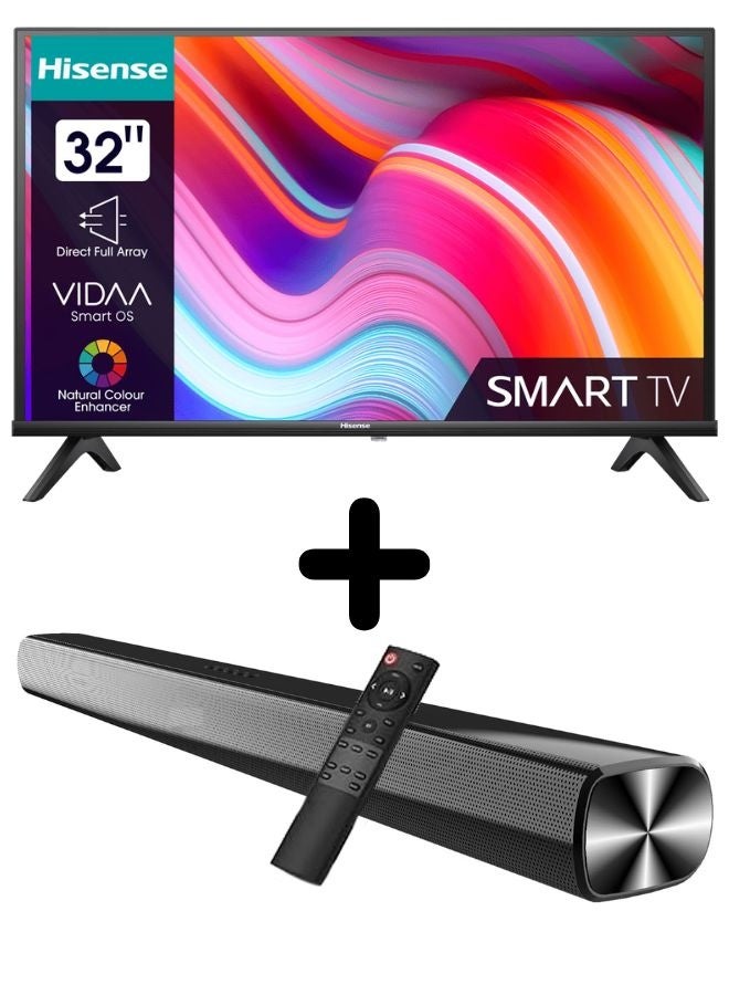 32-inch Smart HD LED TV + Soundbar Bundle | VIDAA Smart OS, DTS Virtual-X & eARC, HDMI ARC, Bluetooth Soundbar, USB & Optical – Home Theatre Pack 32A4K+SOUNDBAR Black