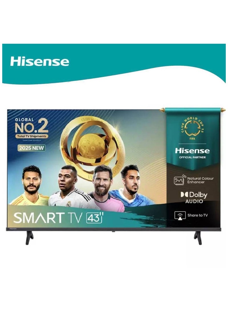 هايسنس تلفاز ذكي 43 بوصة بدقة Full HD - نظام VIDAA، معزز الألوان الطبيعي، وضع الألعاب، صوت دولبي، عكس الشاشة، تقليل الضوضاء، HDMI ARC، واي فاي، يوتيوب، نتفليكس - 2025 - Image 1