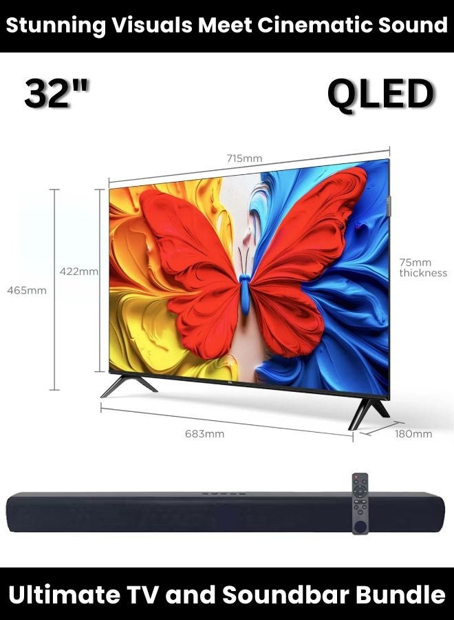 TCL Bundle Of 32-inch S5K QLED Google TV (HDR10, Dolby Audio, Bezel-Less Design) With Soundbar (Bluetooth, FM Radio, 2.0 Channel Audio) 32S5K+SOUNDBAR Black - Image 2