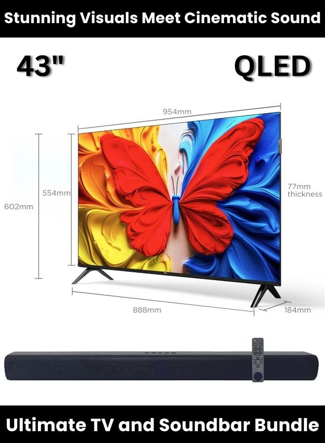 تي سي إل Bundle Of 43-inch S5K QLED Google TV (HDR10, Dolby Audio, Bezel-Less Design) With Soundbar (Bluetooth, FM Radio, 2.0 Channel Audio) 43S5K+SOUNDBAR Black - Image 2