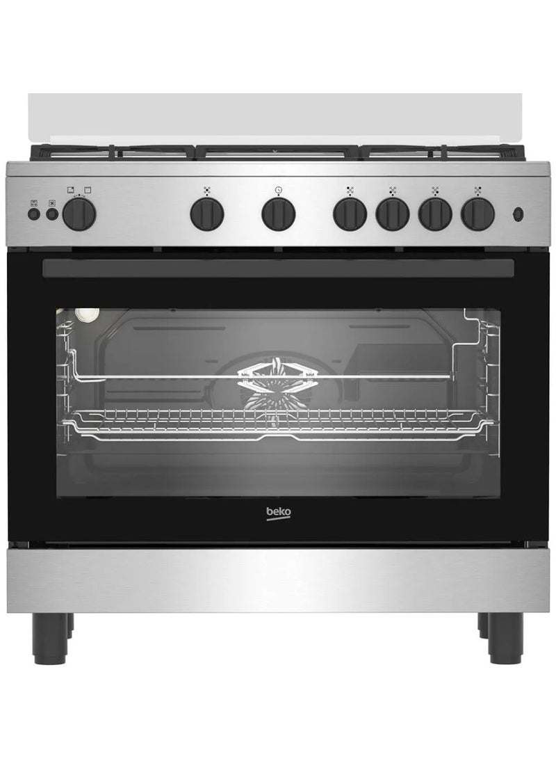 موقد غاز بيكو، 5 شعلات، 90 سم، أمان كامل، حوامل حديد زهر، مروحة فرن، ستانلس ستيل، BGGR 11125 GB