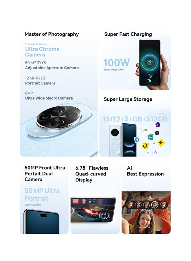 هواوي نوفا 14 برو ثنائي الشريحة كريستال أزرق 12 جيجابايت 512 جيجابايت 4G - نسخة الشرق الأوسط - Image 2