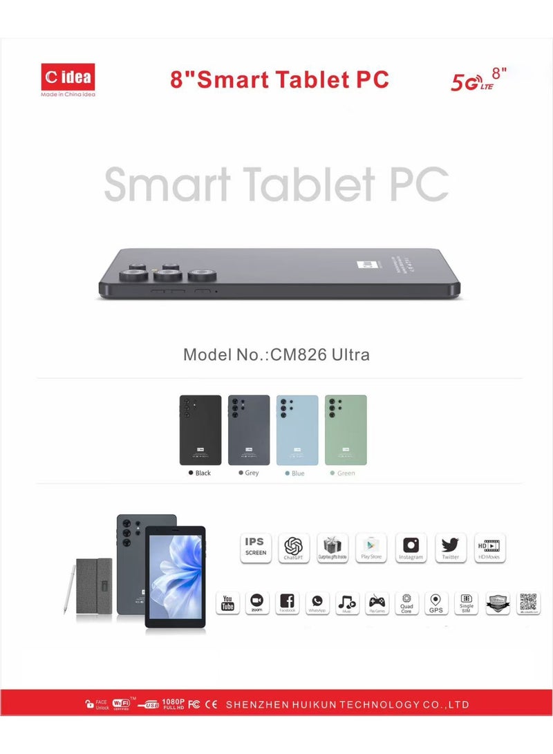 C idea CM826 Ultra 8-Inch IPS Smart Tablet PC with Stylus & Cover 8GB RAM 512GB ROM Dual Camera Single SIM 5G LTE Wi-Fi GPS Android Tablet for Kids – Blue - Image 5