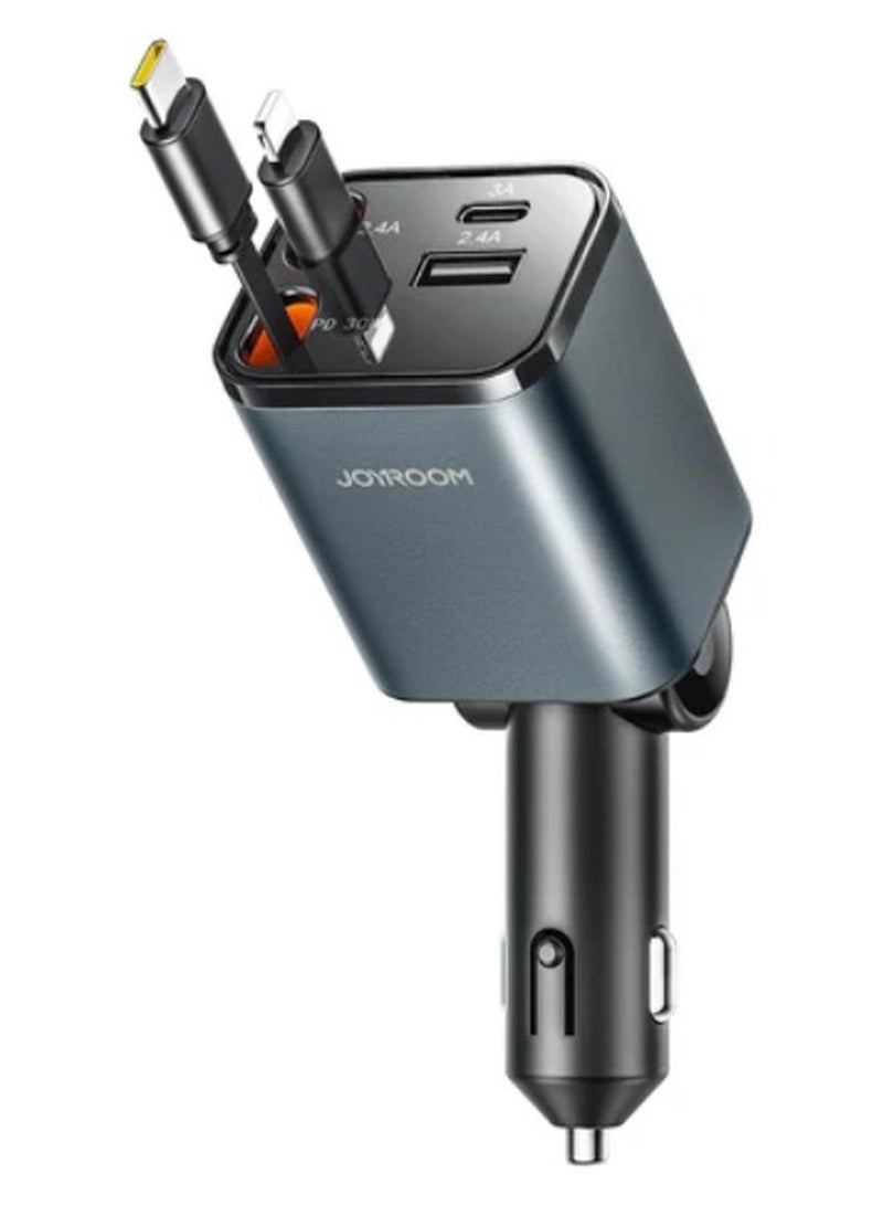 JOYROOM Car Charger 65W Fast Charging 4-in-1 Adapter with Collapsible Lightning & Type-C Cables, Dual USB Ports Type C & Type A -Powerful Output Dark Grey - Image 1