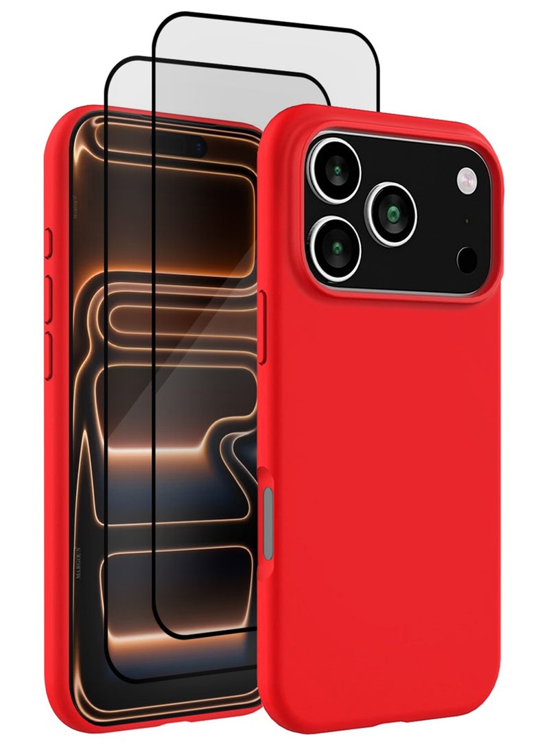 مارجون 3Packs Liquid Silicone Protective Phone Case for iPhone 17 Pro , Soft Anti-Scratch Microfiber Lining Utra Slim Drop Protection Phone Cover with Two 3D Screen Protectors - Red-3
