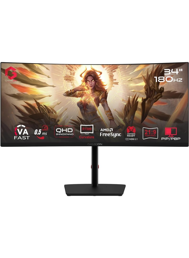 GAMEON Spectra Pro 34-Inch Curved Gaming Monitor Ultra-Wide QHD 3440x1440 180Hz 0.5ms MPRT Fast VA Panel HDMI 2.1 DisplayPort 1500R 21:9 HDR PS5 Xbox PC Compatible black - Image 1