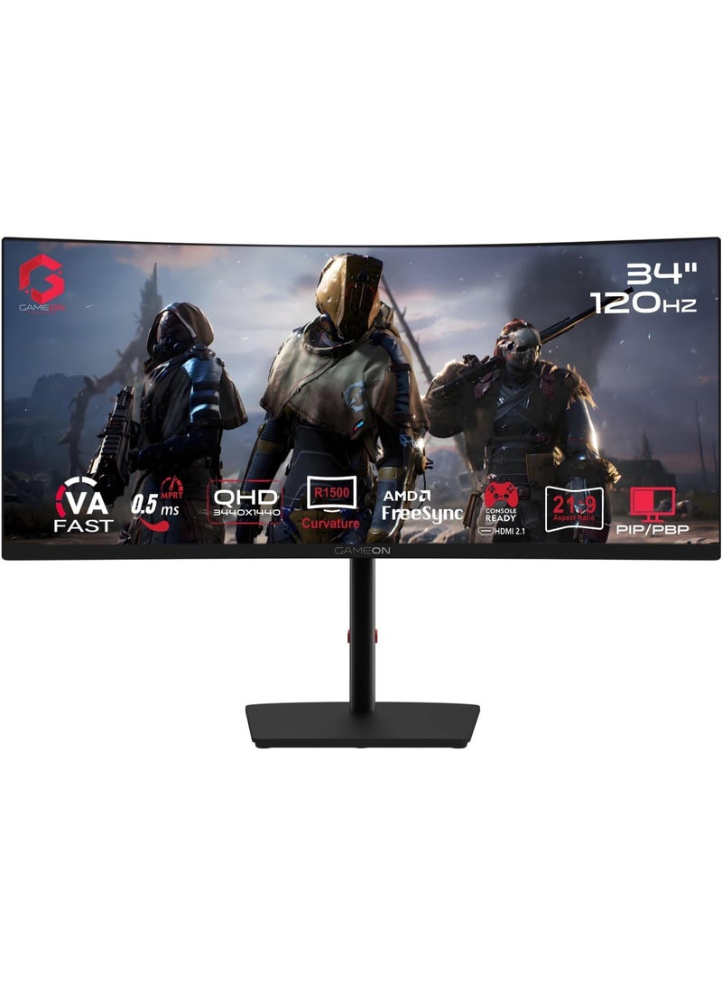 GAMEON Spectra Pro 34-Inch Curved Ultra-Wide Gaming Monitor, QHD 3440×1440, 1500R Curvature, 120Hz Refresh Rate, 0.5ms MPRT Response, Fast VA Panel with HDR, HDMI 2.1 & DisplayPort, PS5 Xbox PC Laptop Compatible Black - Image 1