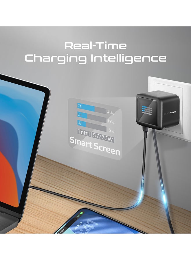 PROMATE Cubix-R70 GaNFast Charger with Retractable 80cm USB-C Cable, Dual USB-C PD 70W, USB-A 60W Port, 1.14-Inch TFT Smart Display, UK Plug, Compact Wall Adapter for MacBook,  iPhone 17/17 Pro Max, Samsung S26 Ultra & More Black - Image 2