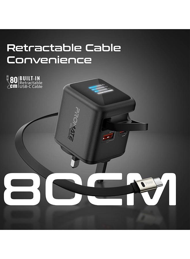 PROMATE Cubix-R70 GaNFast Charger with Retractable 80cm USB-C Cable, Dual USB-C PD 70W, USB-A 60W Port, 1.14-Inch TFT Smart Display, UK Plug, Compact Wall Adapter for MacBook,  iPhone 17/17 Pro Max, Samsung S26 Ultra & More Black - Image 3