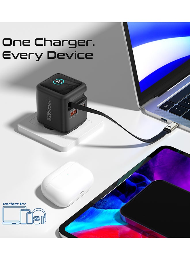 PROMATE Cubix-R70 GaNFast Charger with Retractable 80cm USB-C Cable, Dual USB-C PD 70W, USB-A 60W Port, 1.14-Inch TFT Smart Display, UK Plug, Compact Wall Adapter for MacBook,  iPhone 17/17 Pro Max, Samsung S26 Ultra & More Black - Image 5