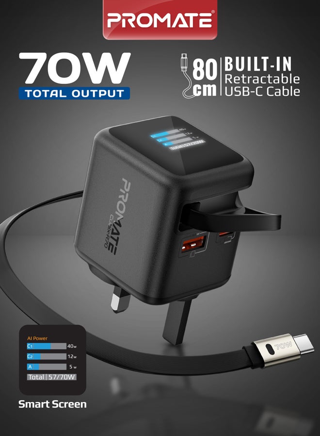 PROMATE Cubix-R70 GaNFast Charger with Retractable 80cm USB-C Cable, Dual USB-C PD 70W, USB-A 60W Port, 1.14-Inch TFT Smart Display, UK Plug, Compact Wall Adapter for MacBook,  iPhone 17/17 Pro Max, Samsung S26 Ultra & More Black - Image 1
