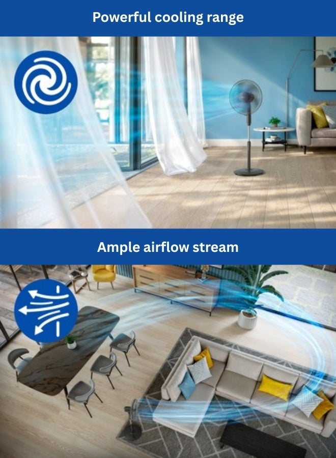 فيليبس مروحة طاولة سلسلة 600 – ACP620/01، تدفق هواء 3250 م³/ساعة، هادئة 40 ديسيبل (A)، رأس 45 سم، 3 إعدادات سرعة، ميل وتذبذب، ارتفاع قابل للتعديل – أسود - Image 5