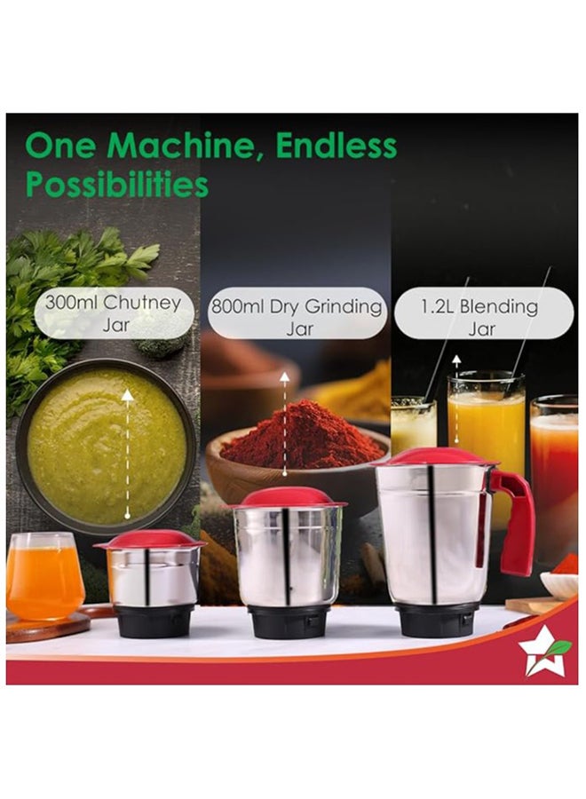 Wonderchef Robo Mixer Grinder | 3 Jars for Blending, Dry Grinding, Chutney Grinding | Low Friction | Low Noise | Conserves Power | Grind Masalas, Nuts, Coconut to Fruits/Vegetables 500 Watt White 1.2 L 500 W 63154964 red - Image 4
