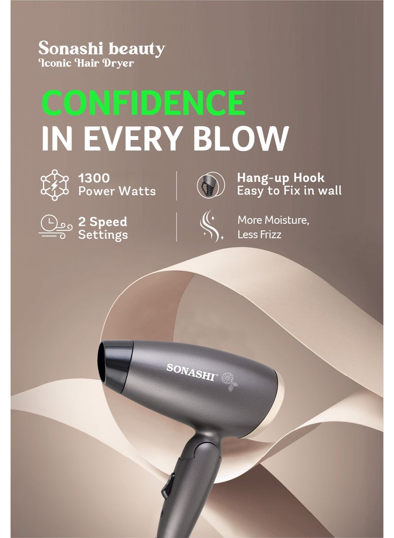 سوناشي مجفف شعر SHD-5005N - 1000 واط - 1300 واط، مجفف هواء بسرعتين مع إعدادين للحرارة، هواء بارد وساخن، محرك DC | أساسيات العناية بالشعر - Image 2