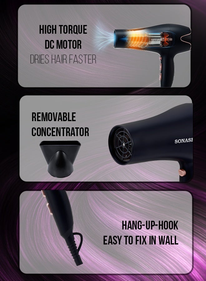 سوناشي مجفف شعر [أسود/ذهبي وردي] SHD-5004N – 2000 واط، مجفف هواء بسرعتين مع 3 إعدادات حرارة، هواء بارد وساخن، محرك DC | أساسيات العناية بالشعر - Image 2