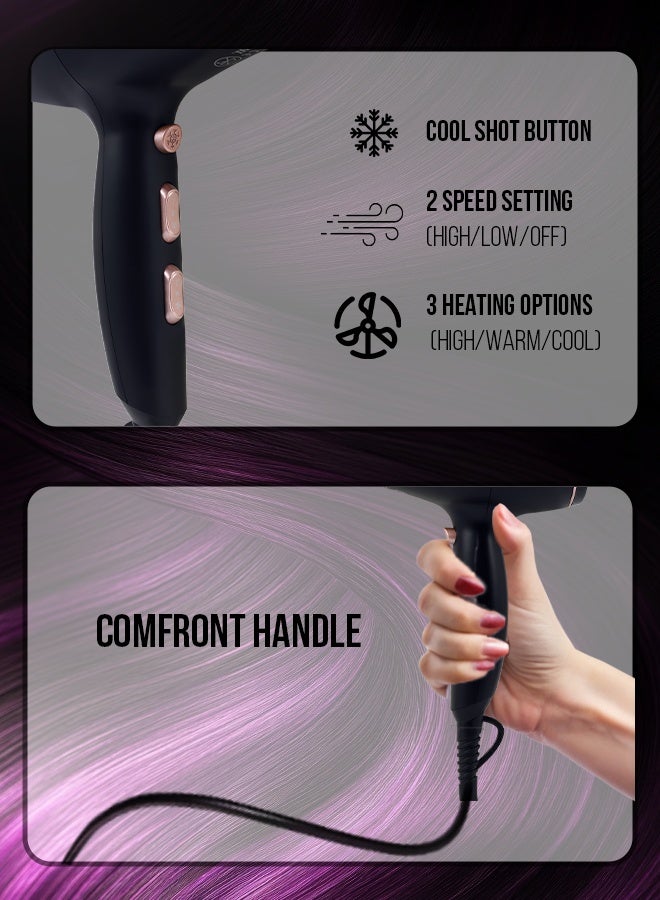 سوناشي مجفف شعر [أسود/ذهبي وردي] SHD-5004N – 2000 واط، مجفف هواء بسرعتين مع 3 إعدادات حرارة، هواء بارد وساخن، محرك DC | أساسيات العناية بالشعر - Image 4