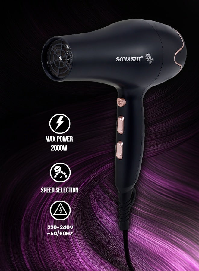 سوناشي مجفف شعر [أسود/ذهبي وردي] SHD-5004N – 2000 واط، مجفف هواء بسرعتين مع 3 إعدادات حرارة، هواء بارد وساخن، محرك DC | أساسيات العناية بالشعر - Image 5