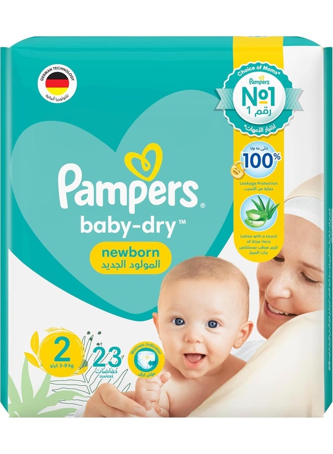 Pampers Baby-Dry Newborn Taped Diapers with Aloe Vera Lotion, up to 100% Leakage Protection, Size 2, 3-8kg, Carry Pack, 23 Count - Image 1