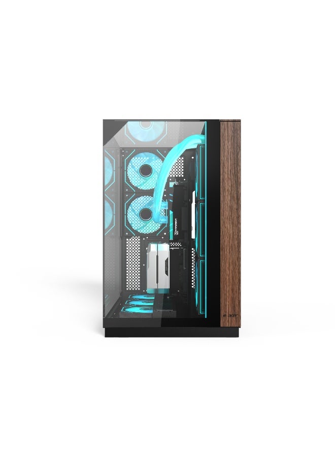 أيسر V333BK ATX PC Case, Tempered Glass Panels Top, Front and Side, 8 Pre-Installed RGB Fans with Remote Control, SPCC Steel Frame, 3 USB Ports, ATX/ M-ATX/ ITX Motherboard Support, with Rear, Bottom and Side Fan Support, Black Wooden Gaming Tower Case black - Image 1