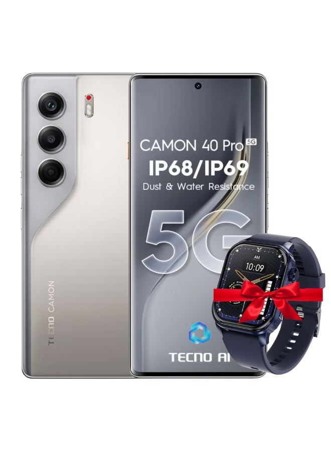 تكنو كامون 40 برو ثنائي الشريحة تيتانيوم رملي 12 جيجابايت رام 256 جيجابايت 5G - نسخة الشرق الأوسط مع ساعة ذكية مجانية iTel O21 زرقاء - Image 1
