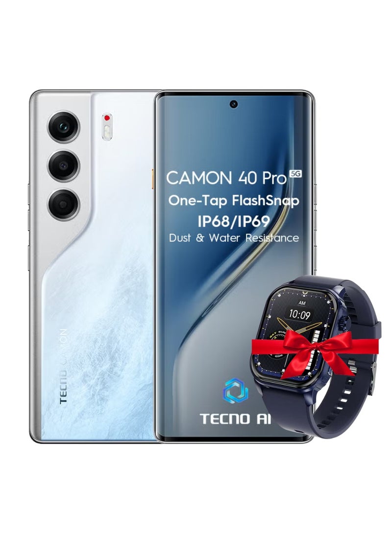 تكنو كامون 40 برو ثنائي الشريحة أبيض جليدي 12 جيجابايت رام 256 جيجابايت 5G - نسخة الشرق الأوسط مع ساعة ذكية مجانية iTel O21 زرقاء - Image 1