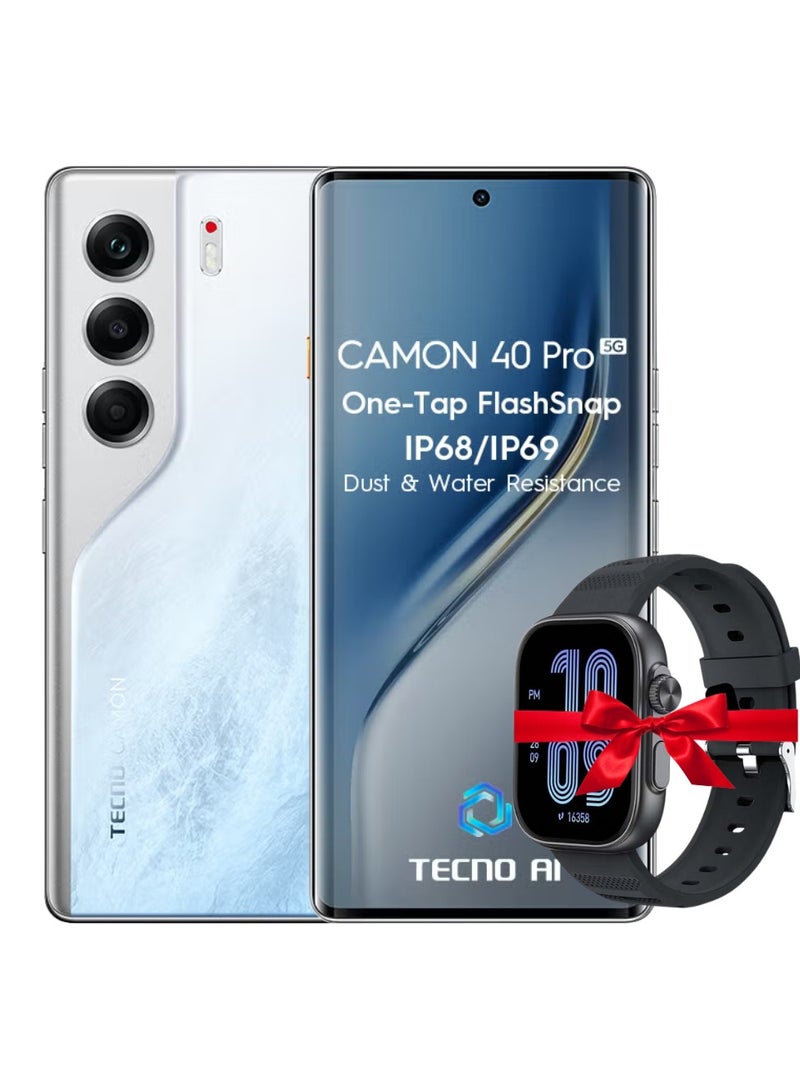 تكنو كامون 40 برو ثنائي الشريحة أبيض جليدي 12 جيجابايت رام 256 جيجابايت 5G - نسخة الشرق الأوسط مع ساعة ذكية مجانية iTel O23 كروم داكن