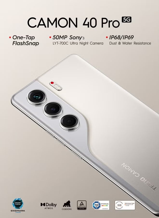 تكنو كامون 40 برو ثنائي الشريحة تيتانيوم رملي 12 جيجابايت رام 256 جيجابايت 5G - نسخة الشرق الأوسط مع ساعة ذكية مجانية iTel O23 كروم داكن - Image 2