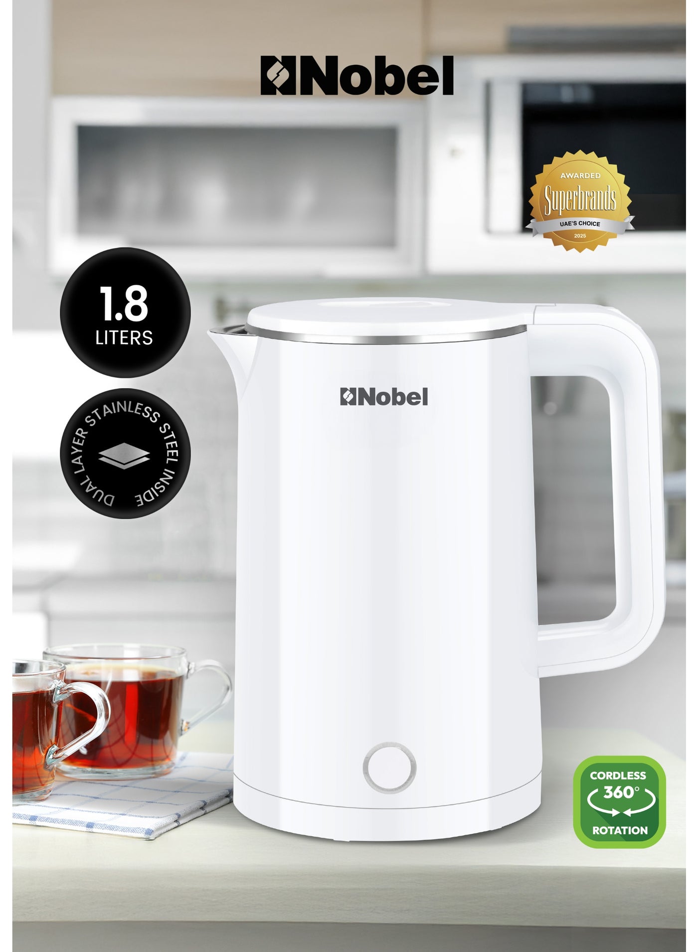 Electric Kettle 1.8L Capacity, Stainless Steel Inner Body, 360° Rotational Base, Anti-Dry Protection – (1 Year Warranty) 1.8 L 1500 W NK180SW white