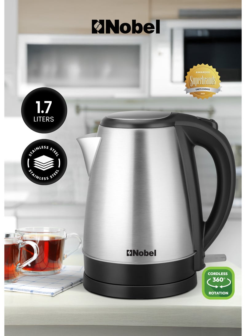 نوبل غلاية كهربائية نوبل سعة 1.7 لتر، هيكل من الفولاذ المقاوم للصدأ، قاعدة دوارة 360°، حماية من الجفاف، 1500 واط غليان سريع – NK175SS (ضمان سنة واحدة) - Image 1