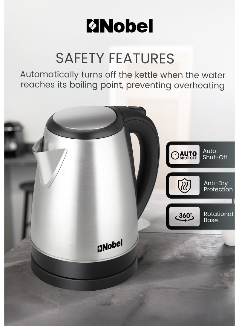 نوبل غلاية كهربائية نوبل سعة 1.7 لتر، هيكل من الفولاذ المقاوم للصدأ، قاعدة دوارة 360°، حماية من الجفاف، 1500 واط غليان سريع – NK175SS (ضمان سنة واحدة) - Image 4