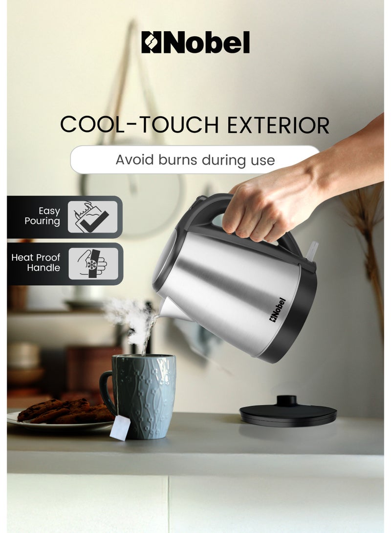 نوبل غلاية كهربائية نوبل سعة 1.7 لتر، هيكل من الفولاذ المقاوم للصدأ، قاعدة دوارة 360°، حماية من الجفاف، 1500 واط غليان سريع – NK175SS (ضمان سنة واحدة) - Image 2